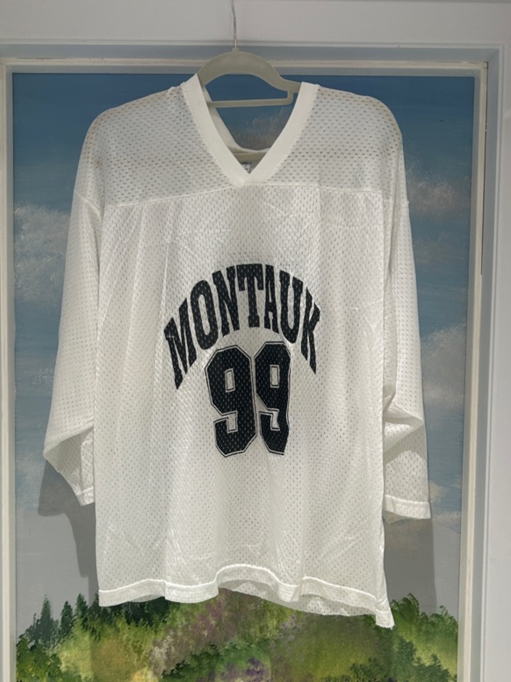 Vintage ‘Montauk’ White Mesh Sports Jersey Top with '99' Graphic